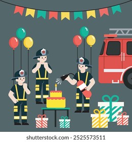 Festive scene with three firemen: one tries to put out the cake with a fire extinguisher, and two watch in amazement. Fire engine, holiday gifts, balloons and flags.