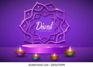 Escena festiva con tradicionales lámparas Diya para el festival de la luz Diwali. Podium para mostrar sus marcas. Estilo de corte de papel Mandala india en el fondo. Ilustración vectorial 3d para vacaciones. EPS 10