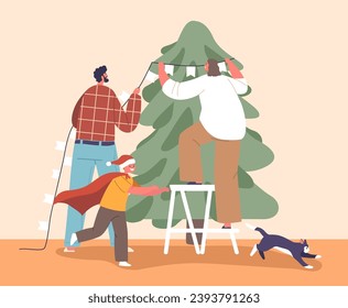 Festive Scene Unfolds As Family Joyfully Decorates Their Home For Christmas, Wrapping Garland Around The Tree