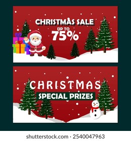  Festive scenes featuring Santa with gifts and a cheerful snowman in a snowy landscape with Christmas trees and falling snow. Perfect for banner and poster