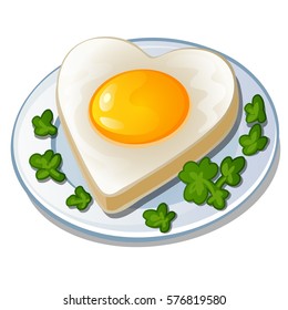 Festive scrambled eggs in the shape of a heart with fresh herbs isolated on white background. Gift for loved on Valentine's day. World egg day. Cartoon vector illustration close-up.