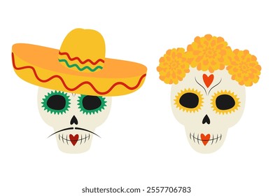 Festive sculls in traditional Mexican decor and headwear. Day of the dead Cute Characters idea Set 2