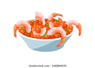 Festive seafood dishes food cooked, modern delicacies with a beautiful presentation on the plate. Delicious dish - tender shrimps in a bowl with caviar, greens and salad. Cartoon vector.
