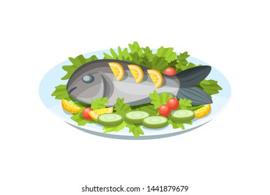 Festive seafood specialties, modern delicacies with a beautiful presentation on the plate. Delicious dish - tender fish meat, with greens, lemon and vegetables. Cartoon vector.