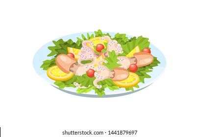 Festive seafood specialties, modern delicacies with a beautiful presentation on the plate. Delicious dish - tender meat of squid and octopus, with greens, vegetables and lemon. Cartoon vector.