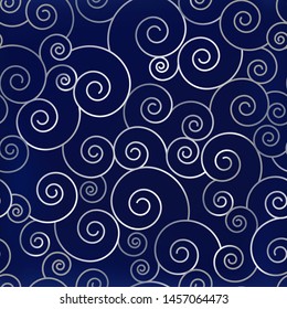 Festive seamless abstract pattern with silver swirls on blue velvet for decoration, poster, banner, greeting card, advertising, packaging, cover, fabric, textile, wrapping paper, New Year backdrop