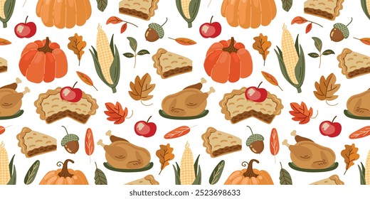 festive seamless autumn pattern with pumpkins, pies and leaves