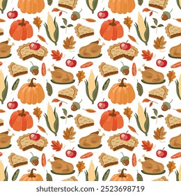 festive seamless autumn pattern with pumpkins, pies and leaves