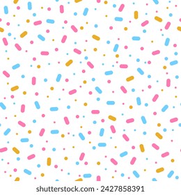 Festive seamless background with colorful sprinkles and dots. Ice cream dessert. Sweet confetti on transparent background for wrapping, textile, holiday designs, party, birthday, invitation, greetings