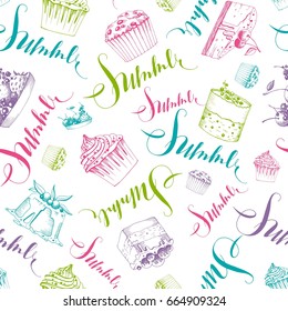 Festive seamless background consisting of cakes, pastries, cake