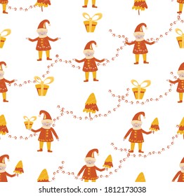Festive seamless background. Dancing elves with garlands, gifts and small Christmas trees. For the design of wrapping paper, fabric and cards