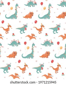 Festive seamless background with dinosaurs. Stegosaurus, Triceraptor and Brontosaurus, Tyrannosaurus Rex. Vector print, pattern on white background, cartoon style