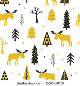 Festive seamless background with elks and Christmas trees in the forest