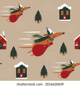 Festive seamless background with funny dogs. New Year's design for wrapping paper, fabric, covers and cards. Vector illustration