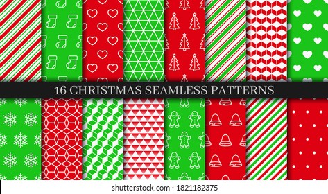 Festive seamless background with holly, bells, snowflakes, candycane lollipop and geometric ornament. Christmas seamless patterns collection. Xmas New year texture. Holiday wrapping paper. Vector