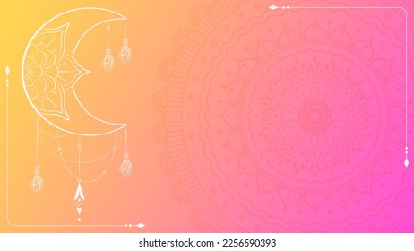 Festive seamless background with moon sign and mandala. Template with yellow to pink gradient. Horizontal vector illustration with place for text.