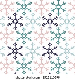 Festive seamless background. Multicolored snowflake pattern. Colored design for card, flyer, book, info banner frame, title sheet. Modern design. Vector illustration.