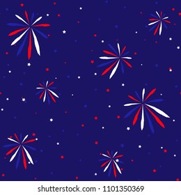 Festive seamless background in national colors USA red white blue. Strips, stars, fireworks Great idea for decorating holiday on July 4th, Independence memory Days, barbecue party Vector illustration