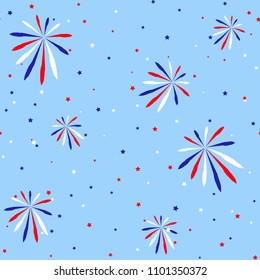 Festive seamless background in national colors USA red white blue. Strips, stars, fireworks Great idea for decorating holiday on July 4th, Independence memory Days, barbecue party Vector illustration