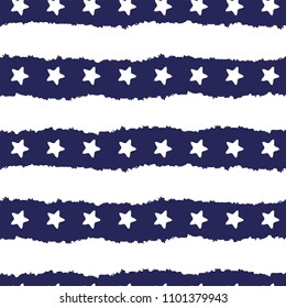 Festive seamless background in national colors USA red white blue. Strips, stars, fireworks Great idea for decorating holiday on July 4th, Independence memory Days, barbecue party Vector illustration