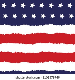 Festive seamless background in national colors USA red white blue. Strips, stars, fireworks Great idea for decorating holiday on July 4th, Independence memory Days, barbecue party Vector illustration