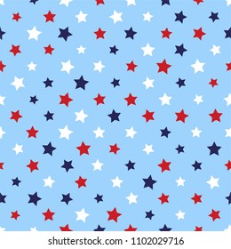 Festive seamless background in national colors USA red white blue. Strips, stars, fireworks Great idea for decorating holiday on July 4th, Independence memory Days, barbecue party Vector illustration