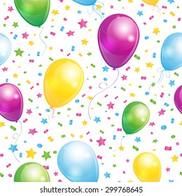 Festive seamless background with streamers and balloons, pattern