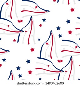Festive seamless background with top hat, stars. American Happy Independence Day design concept with scatter papers, stars in traditional American colors - red, white, blue. Isolated. eps10
