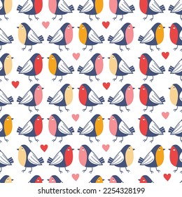 Festive seamless background. Valentine's Day, February 14th. Cute little birds among red and pink hearts on a white background. Hand drawn vector illustration for wallpaper, packaging, wrapping paper