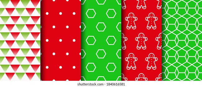 Festive seamless background with xmas, polka dot and geometric fabric ornament. Five Christmas seamless patterns set. Holiday wrapping paper. New year textures. Vector