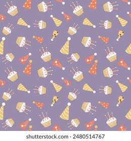 Festive seamless birthday pattern with multi-coloured hubcaps and cake