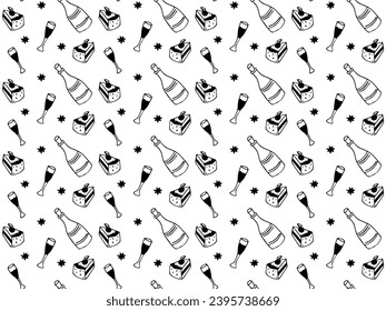 patrón de doodle en blanco y negro sin costuras con una botella de champán, copas de vino y una torta