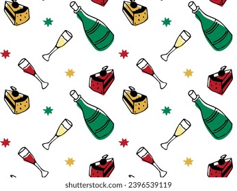 festliches, nahtloses Schwarz-Weiß-Doodle-Muster mit einer Flasche Champagner, einer Weingläser und einem Kuchen