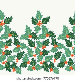 Festive seamless border in bright holly. Regular order. Holiday floral background for wallpapers, textile, wrapping paper. Christmas millefleurs.