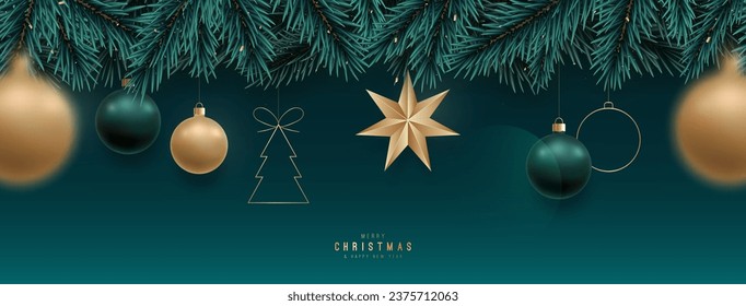 Festive seamless border with Christmas tree branches and realistic balls. Design for holiday headers, banners, party invitations.