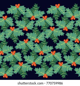 Festive seamless border in cute holly. Regular order. Holiday floral background for wallpapers, textile, wrapping paper. Christmas millefleurs.