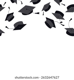 Festive seamless border frame with graduate hats in the air. Flying graduation caps background for graduation announcements, invitations, celebration designs. Vector illustration.
