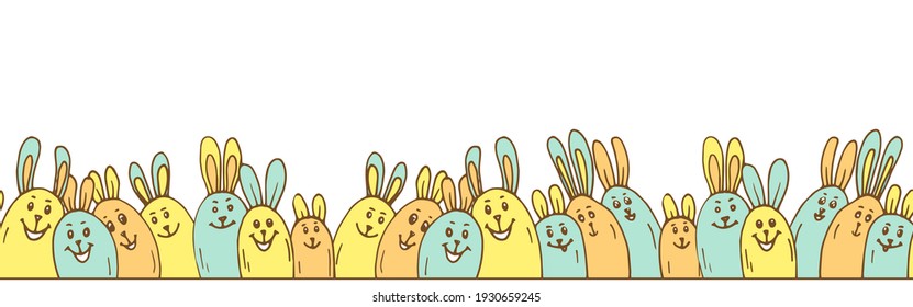 Festive seamless border horizontal with cute colored shape egg bunny. Colorful pastel animal character element on white background. Hand drawn vector illustration for Happy Easter design. 