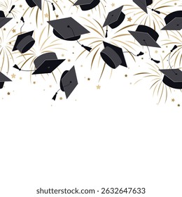 Festive seamless border pattern with graduate hats and golden fireworks in the air. Flying graduation caps background. Vector illustration.
