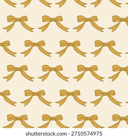 Festive seamless bow pattern in golden beige tones. Minimal outline style perfect for gift wrap, Christmas decor, holiday branding and warm celebratory designs.