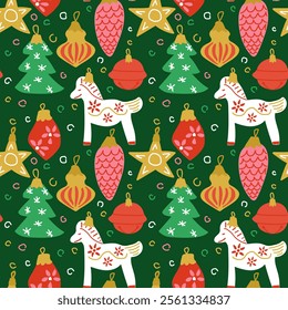 Festive seamless Christmas pattern with decorative ornaments, rocking horses, stars, trees, and confetti on green background. Vector hand drawn childish illustration