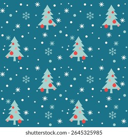 Festive seamless Christmas pattern. Features cute decorated trees, various snowflakes, and falling snow on a teal background. Ideal for holiday designs.