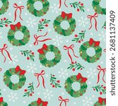 Festive seamless Christmas pattern featuring Santa Claus, snowman, Christmas tree, wreaths, holly, mistletoe, and winter decorations. Perfect for holiday wrapping paper, fabric design, digital backgro