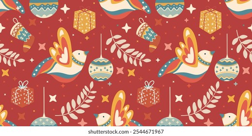 Festive seamless Christmas pattern featuring colorful birds, gift boxes, ornaments, stockings, and leaves on a red background. Perfect for holiday designs, wrapping paper, and seasonal decoration