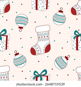 Festive seamless Christmas pattern featuring gift boxes, stockings, and baubles in red, teal, and white on a soft background. Perfect for holiday wrapping paper, fabric, and seasonal designs.