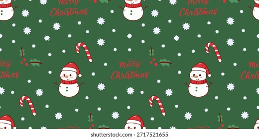Festivo padrão de Natal sem emenda com bonitos bonitos bonitos bonitos bonitos bonitos, bengalas de doces, flocos de neve e texto Feliz Natal em um fundo verde. Ideal para embrulhar papel, têxteis e desenhos de férias.