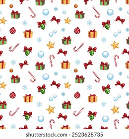 Festive seamless Christmas pattern with gift boxes, candy canes, snowflakes, bows, ornaments, stars. Bright holiday colors isolated on white background for wrapping paper, decor, and seasonal designs