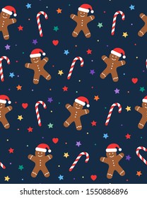 Festive seamless Christmas pattern. Gingerbread man and candy cane on a dark background. Vector illustration.