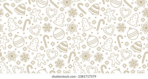 Festive seamless Christmas pattern. Gingerbread man and candies, Christmas balls, snowflakes, spruce on a white background. Vector illustration.