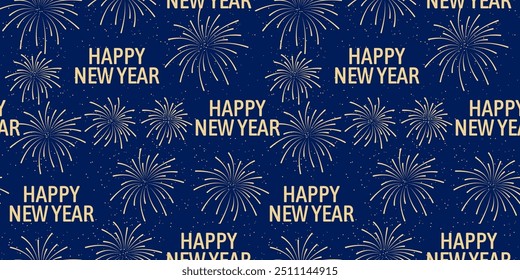 Patrón festivo de Navidades sin fisuras. Fuegos artificiales dorados sobre fondo azul. Ilustración vectorial de invierno.